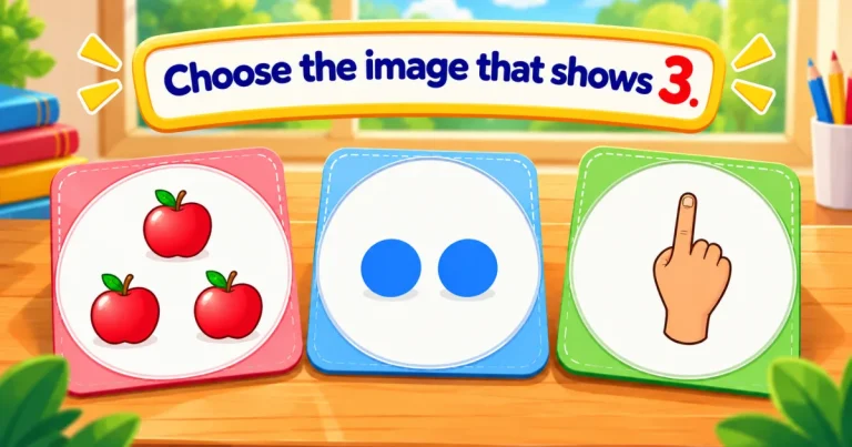 Choose the image that shows 3: three cards on a table — three red apples, two blue dots and a hand raising its index finger.