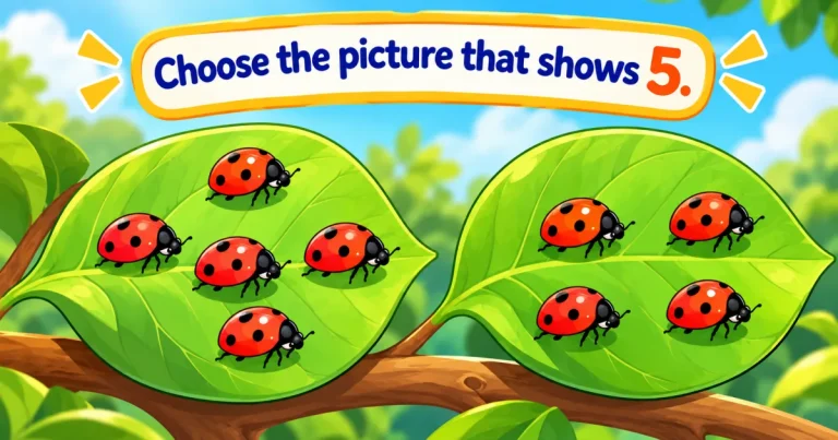 Choose the picture that shows 5: two leaves on a branch, one with five ladybugs, the other with four.