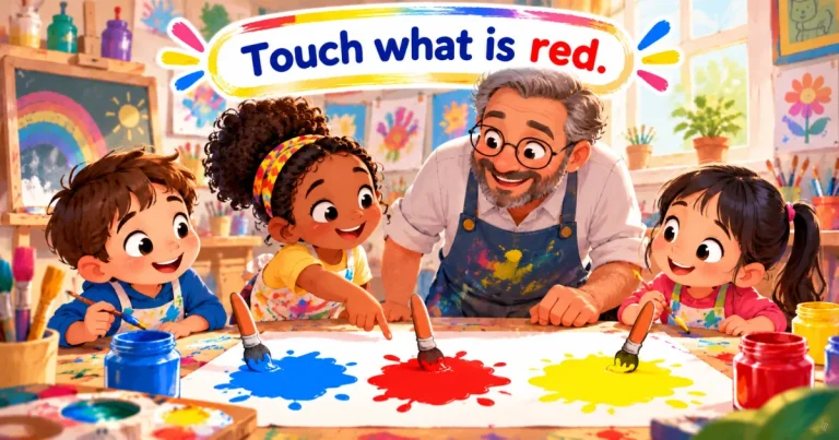 Touch what is red: a painter and three children dip their brushes into blue, red and yellow paint splashes.