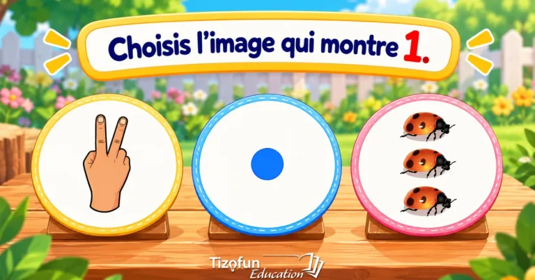 Choisis l'image qui montre 1 : trois disques dans un jardin, une main qui lève deux doigts, un rond bleu et trois coccinelles.