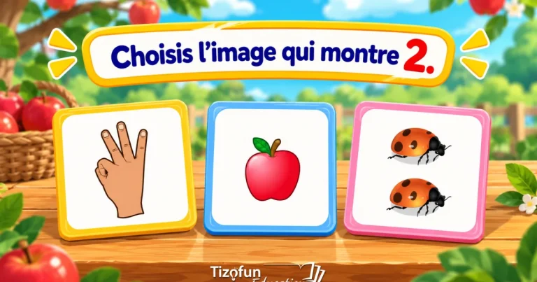 Choisis l'image qui montre 2 : trois cartes sur une table de jardin, une main qui lève trois doigts, une pomme rouge et deux coccinelles.