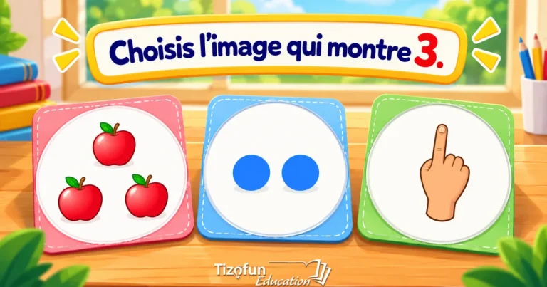 Choisis l'image qui montre 3 : trois cartes sur une table, trois pommes rouges, deux ronds bleus et un doigt levé.