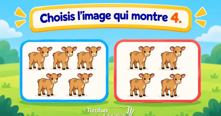 Choisis l'image qui montre 4 : une carte de cinq veaux et une carte de quatre veaux, dans un pré.