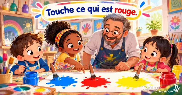 Choisis ce qui est rouge : un enseignant et trois enfants dans un atelier de peinture, devant des taches bleue, rouge et jaune.