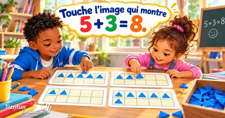 Choisis l'image qui montre 5 + 3 = 8 : deux enfants devant quatre cartes de grilles garnies de triangles bleus.