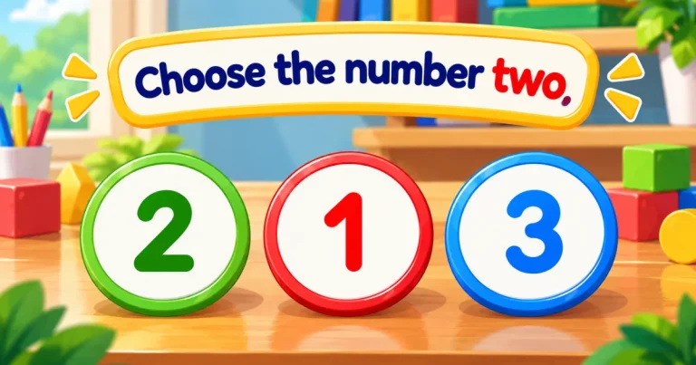 Choose the number two: three round tokens on a classroom table, marked 2, 1 and 3.