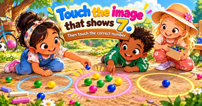 Touch the image that shows 7, then touch the correct number: three children sort colored marbles into chalk circles on the ground.