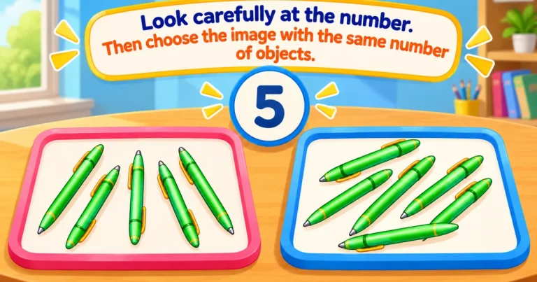Look carefully at the number, then choose the image with the same number of objects: the number 5 above a pink tray and a blue tray of green pens.