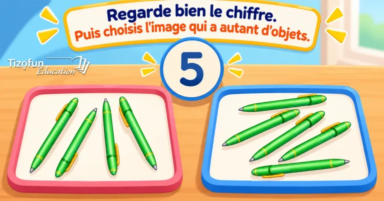 Regarde bien le chiffre, puis choisis l'image qui a autant d'objets : le chiffre 5 au-dessus d'un plateau rose de quatre stylos verts et d'un plateau bleu de cinq stylos verts.