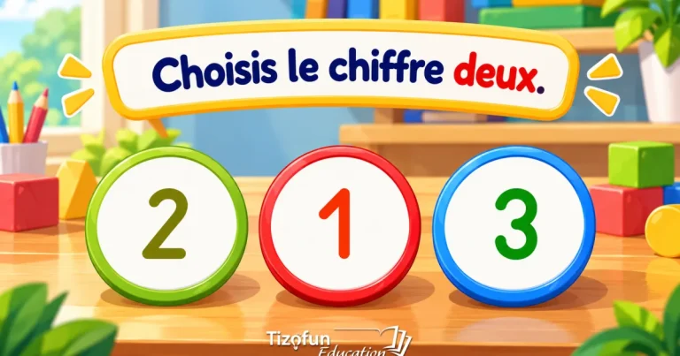 Choisis le chiffre deux : trois jetons ronds posés sur une table de classe, marqués 2, 1 et 3.