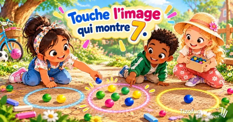 Choisis l'image qui montre 7 : trois enfants jouent aux billes, rangées dans des cercles tracés à la craie.