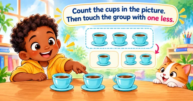 Count the cups in the picture, then touch the group with one less: a boy points to three cups of cocoa, beside groups of one and two cups, while a cat watches.