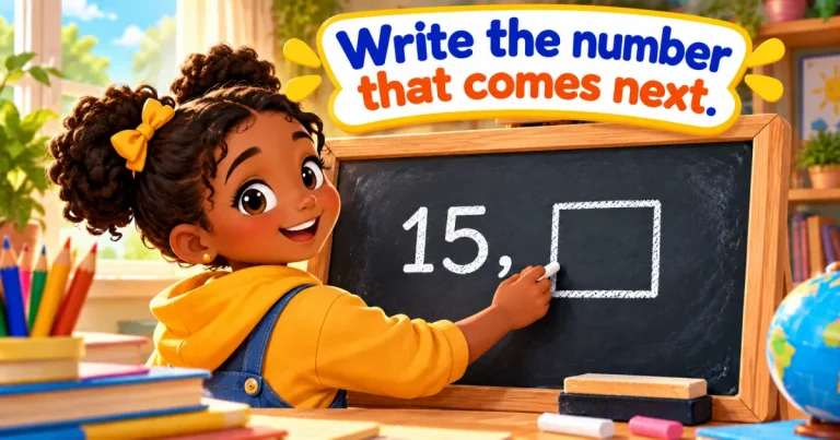 Write the number that comes next: a girl writes in an empty box after the number 15 on a blackboard.