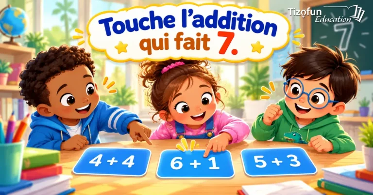 Choisis l'addition qui fait 7 : trois enfants autour d'une table désignent les cartes 4 + 4, 6 + 1 et 5 + 3.