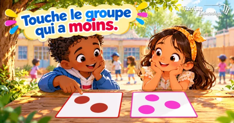 Choisis le groupe qui a moins : deux enfants dans une cour de récréation comparent une carte de deux ronds bruns et une carte de trois ronds roses.