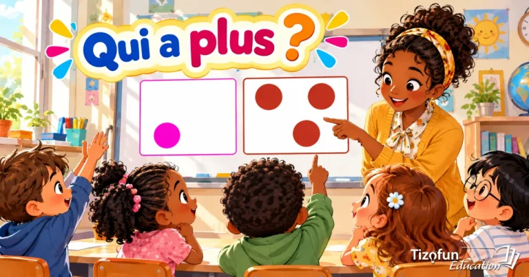 Qui a plus ? Une enseignante montre une carte de trois ronds rouges à côté d'une carte d'un rond rose ; ses élèves lèvent la main.
