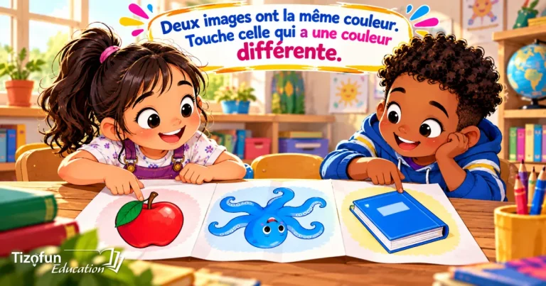 Deux images ont la même couleur, choisis celle qui a une couleur différente : deux enfants devant une pomme rouge, une pieuvre bleue et un livre bleu.
