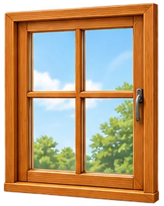 A window with a wooden frame and clear glass, with trees outside