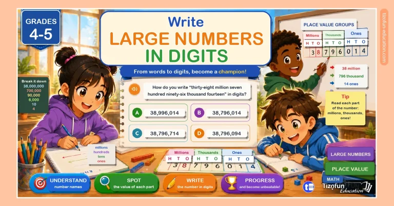 Interactive 4th and 5th grade exercise: write numbers in digits from their number names – hundreds, thousands and millions.
