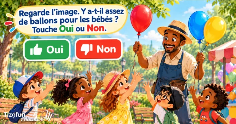 Regarde l'image : y a-t-il assez de ballons pour les bébés ? Choisis Oui ou Non. Un marchand tient trois ballons au-dessus de cinq enfants qui lèvent les bras dans un parc.